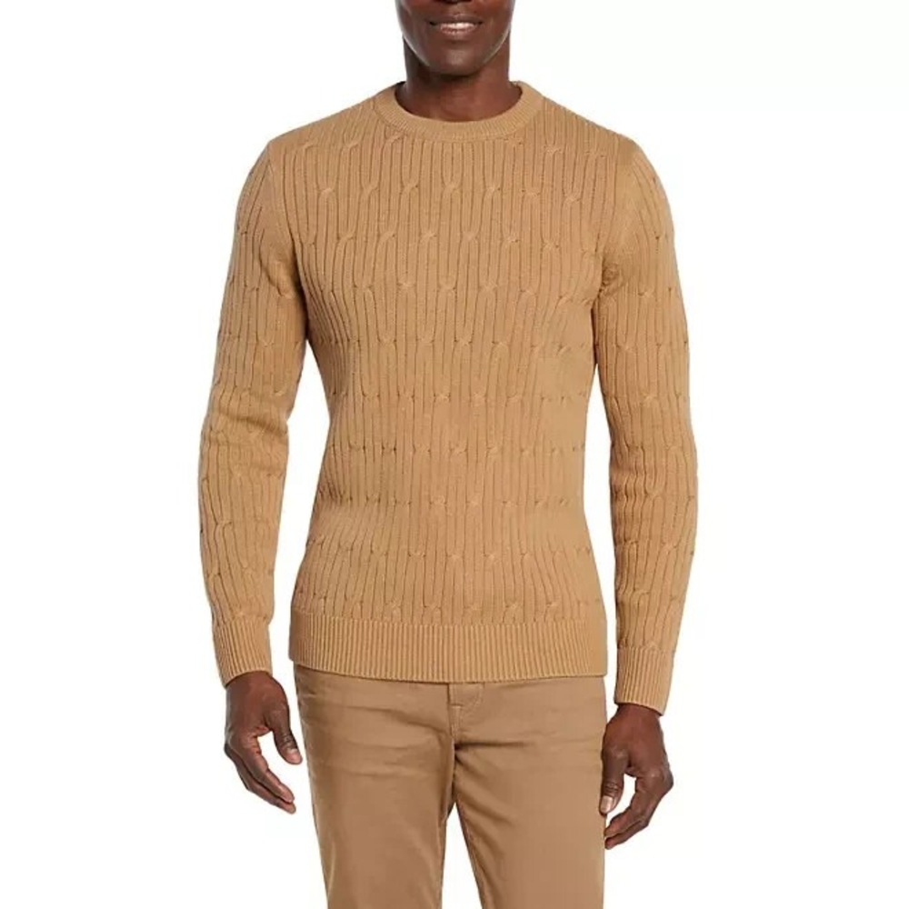 Express Mens Cable Knit Sweater XXL Pecan Brown Cotton Crew Neck Pullover